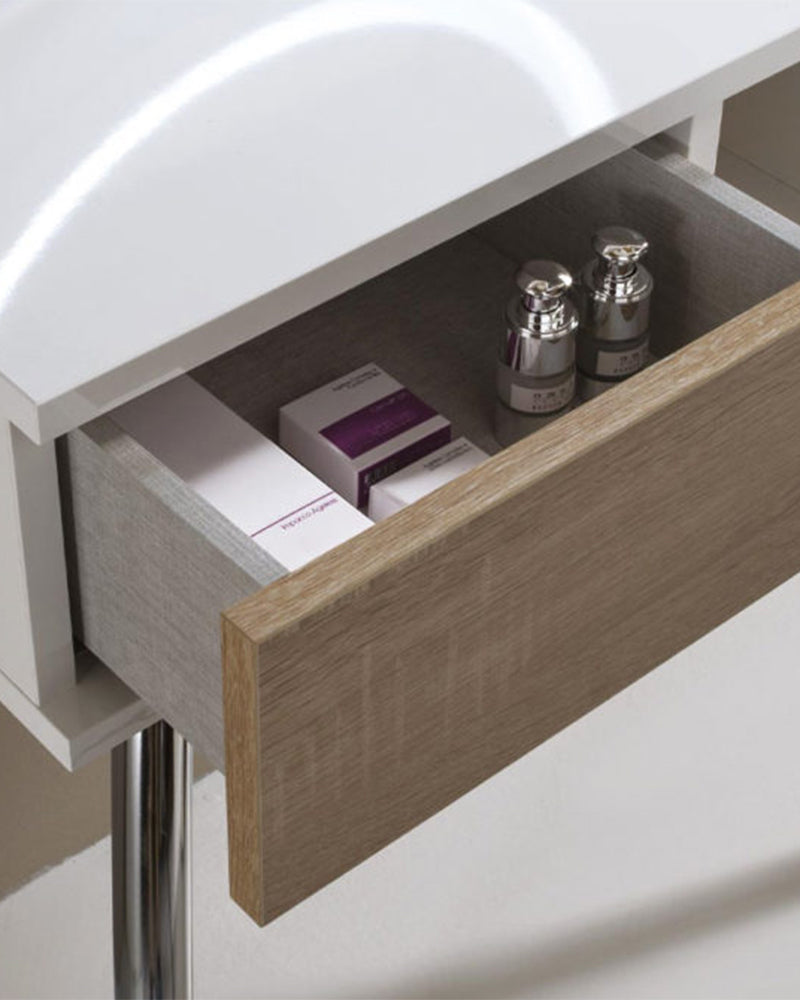 Make-up - White wall control with drawers in oak pattern - Chrome legs