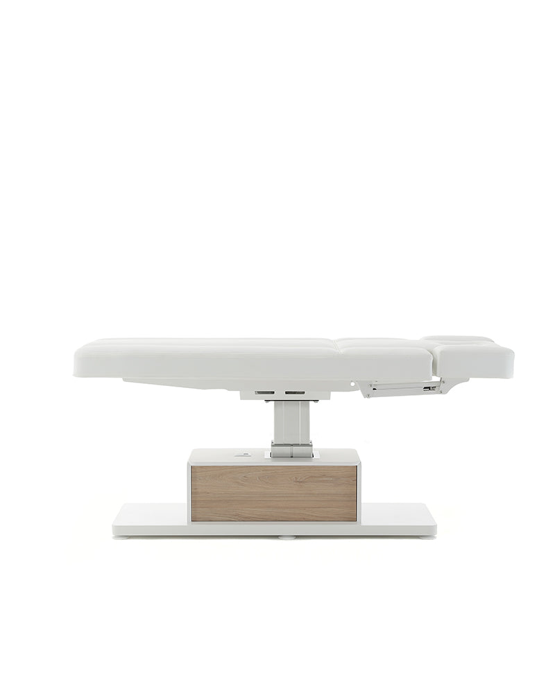 The Ben - White massage table with oak pattern details - with motor - with adjustable armrests