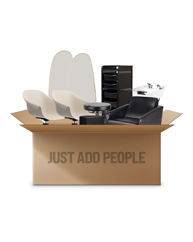 Beige hairdressing starter kit with 2 styling stations, 1 washing unit and equipment