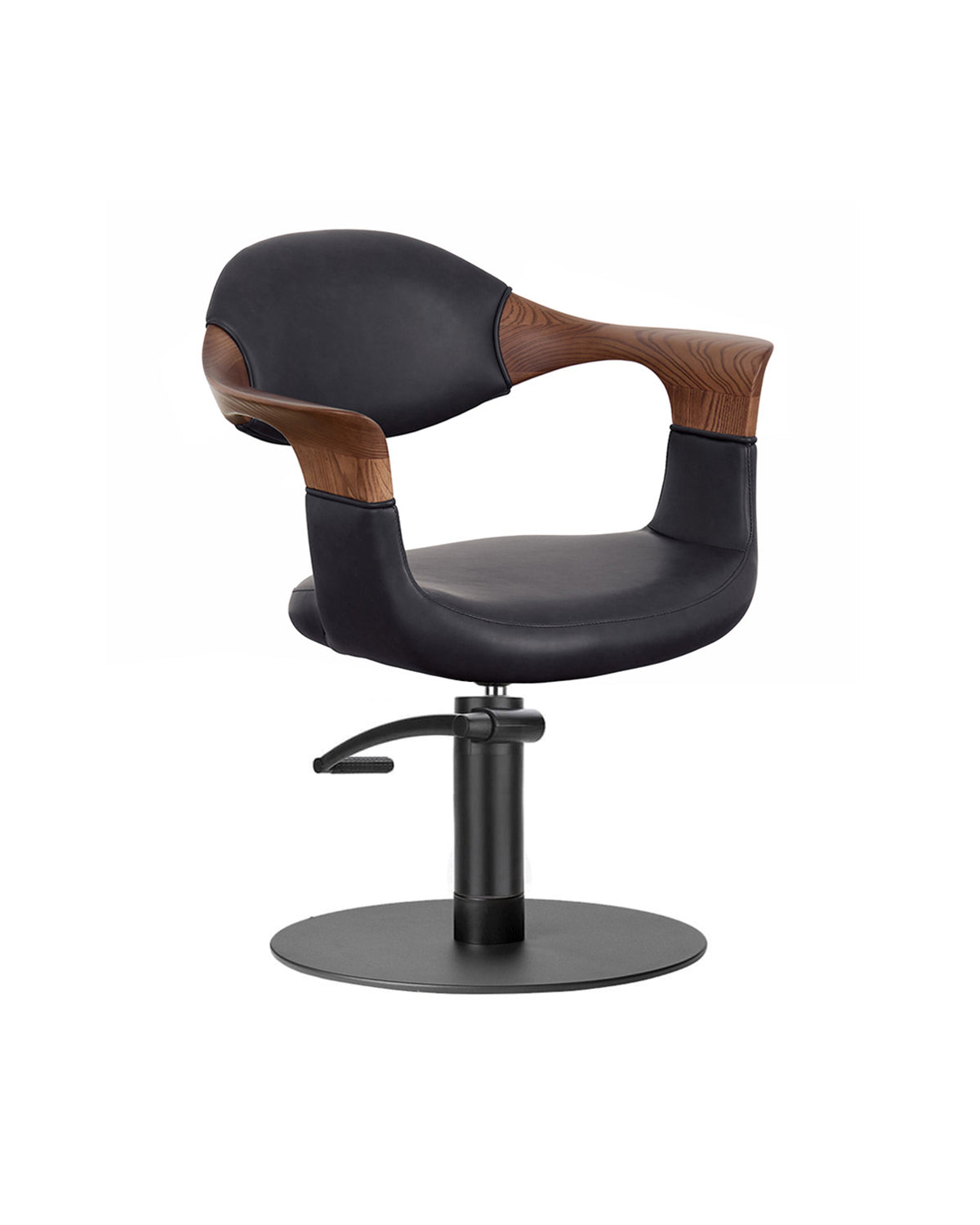 Oakley Midnight - Grijze klantstoel met zwarte schijfvoet en armleuningen van eikenhout