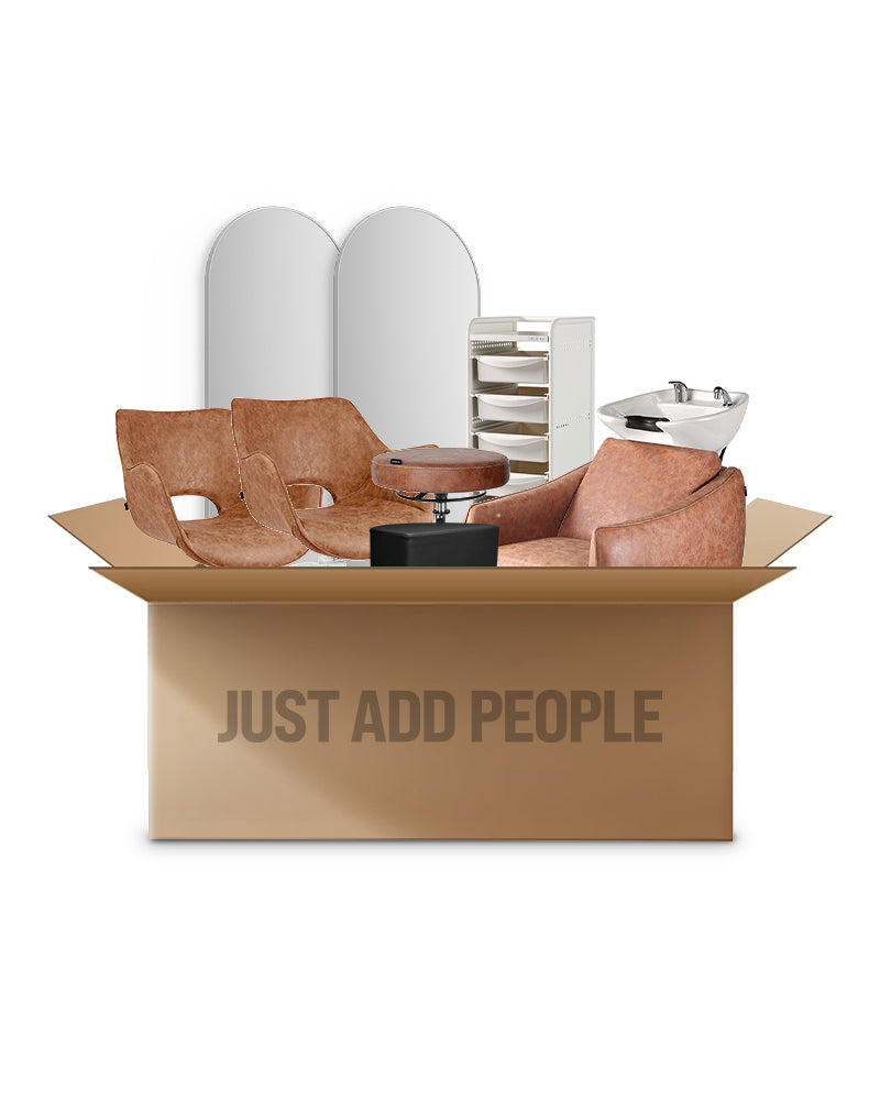 Tan white hairdressing starter kit with 2 styling stations, 1 washing unit and equipment