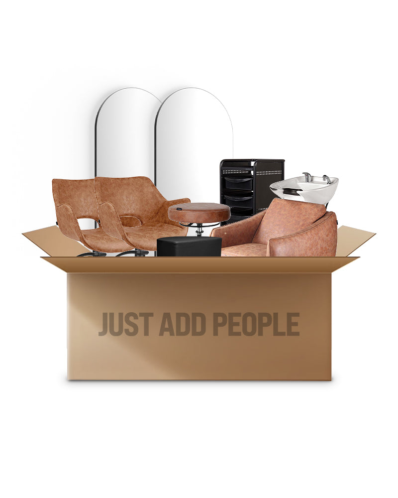 Tan sort frisør startpakke med 2 kundepladser, 1 vaskeplads og udstyr